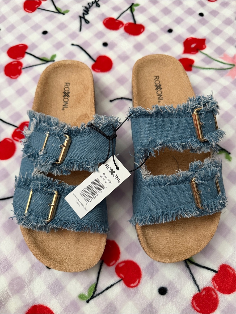 ROXONie NWT Denim Frayed Buckle Slide Sandals size 8